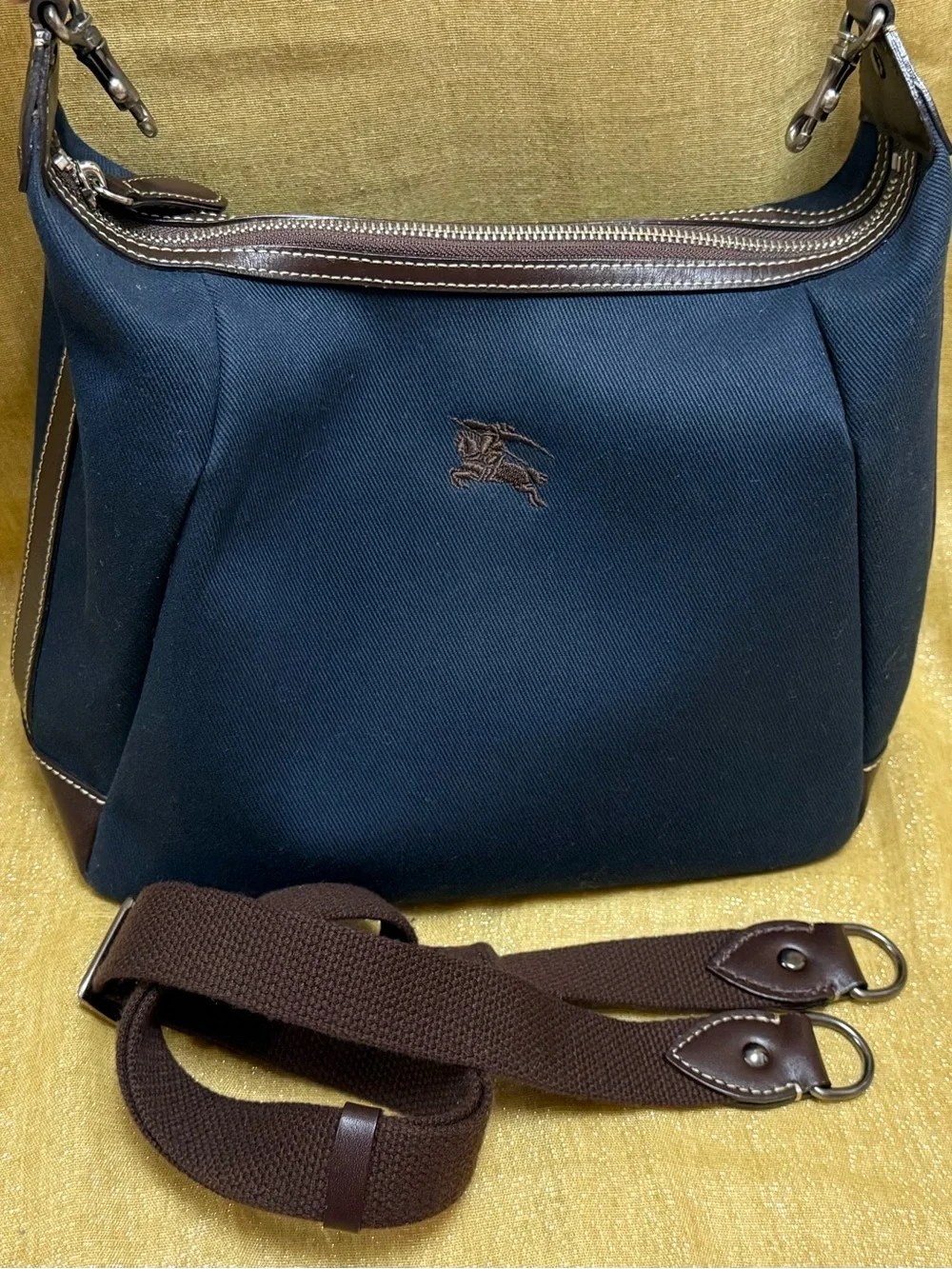 Burberry Navy Canvas Hobo Bag with Brown Accents
